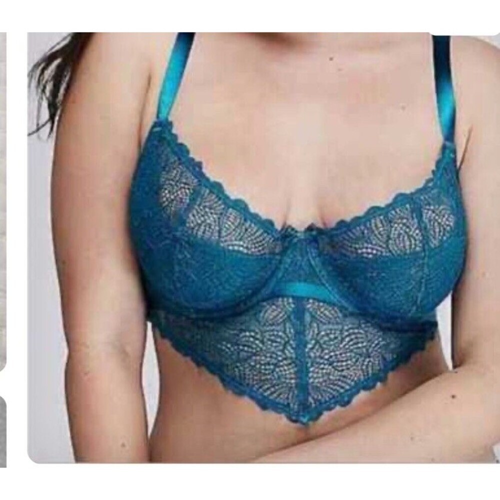 Cacique 38F blue  lace unlined full coverage bra underwire bralette lingerie